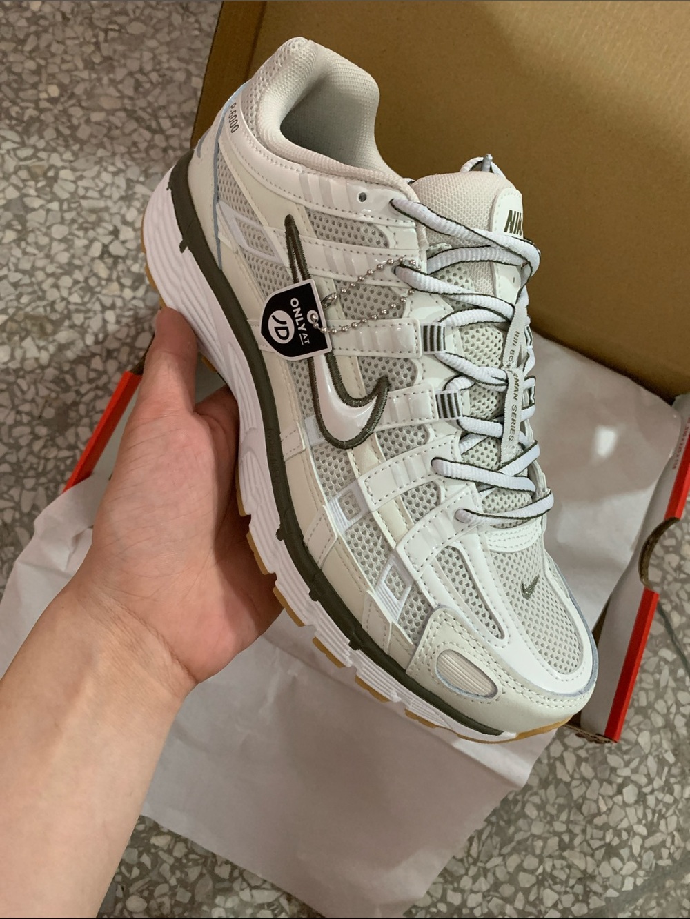 Nike P-6000 White with Olive Accents Sneaker - Picture 2 of 4